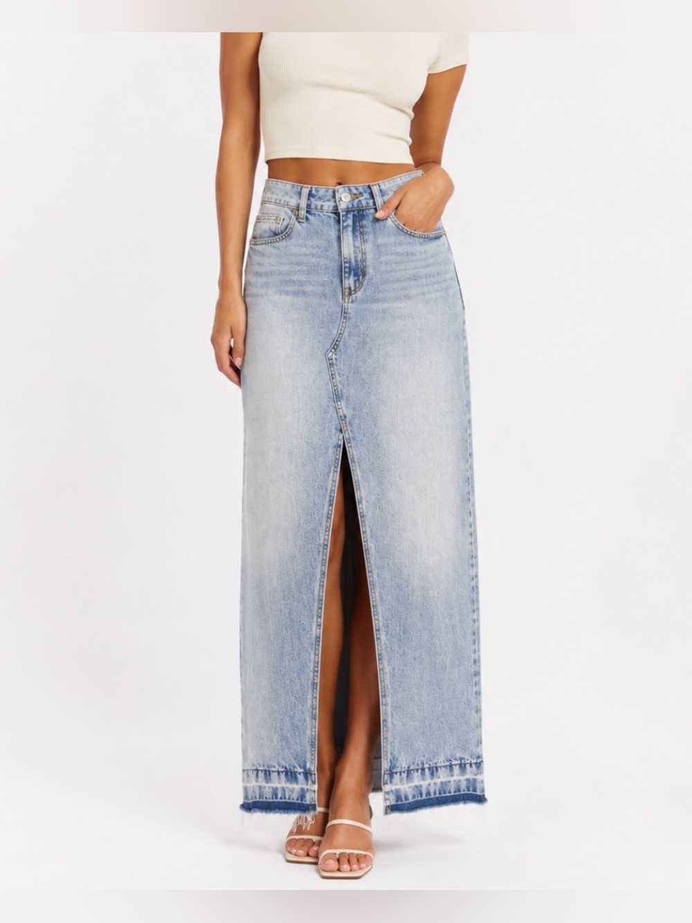 Sincerely Jules Light Blue Denim Maxi Skirt with Center Front Slit